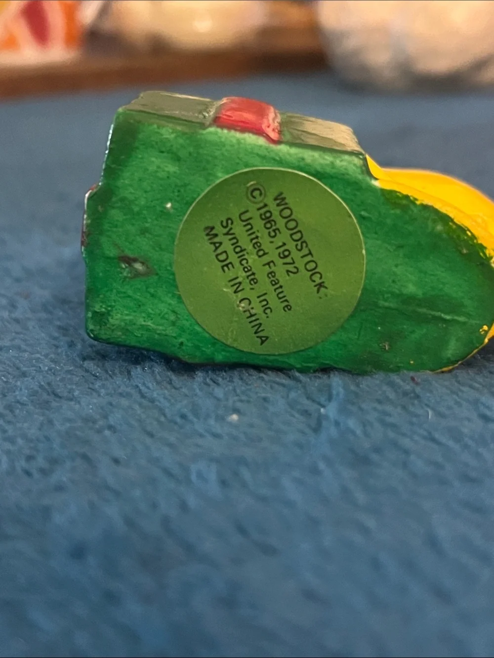 Vintage 1972 Yellow Woodstock-Style Ornament Holding Green & Red Gift 043